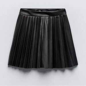 Zara Black Pleated faux leather zip skirt